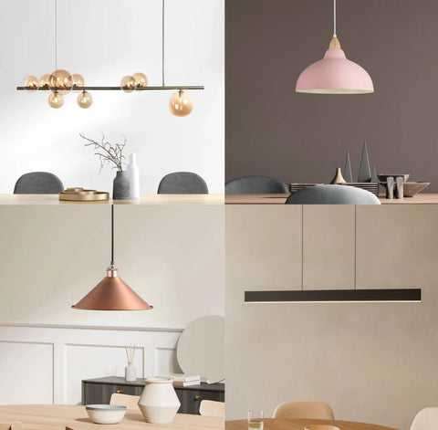 Spisebordslampe, Oak Pendel Flamingo Pink, Vision Langbordspendel Sort, Coffee Børstet Kobber, Florence Langbordspendel Messing Amber